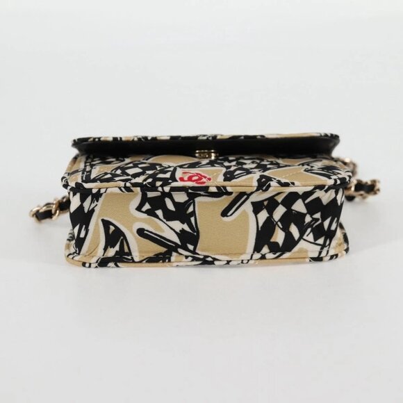 CHANEL Matelasse Checkered Flag Chain Shoulder Bag Nylon Beige CC Auth 125975M - Picture 6 of 16